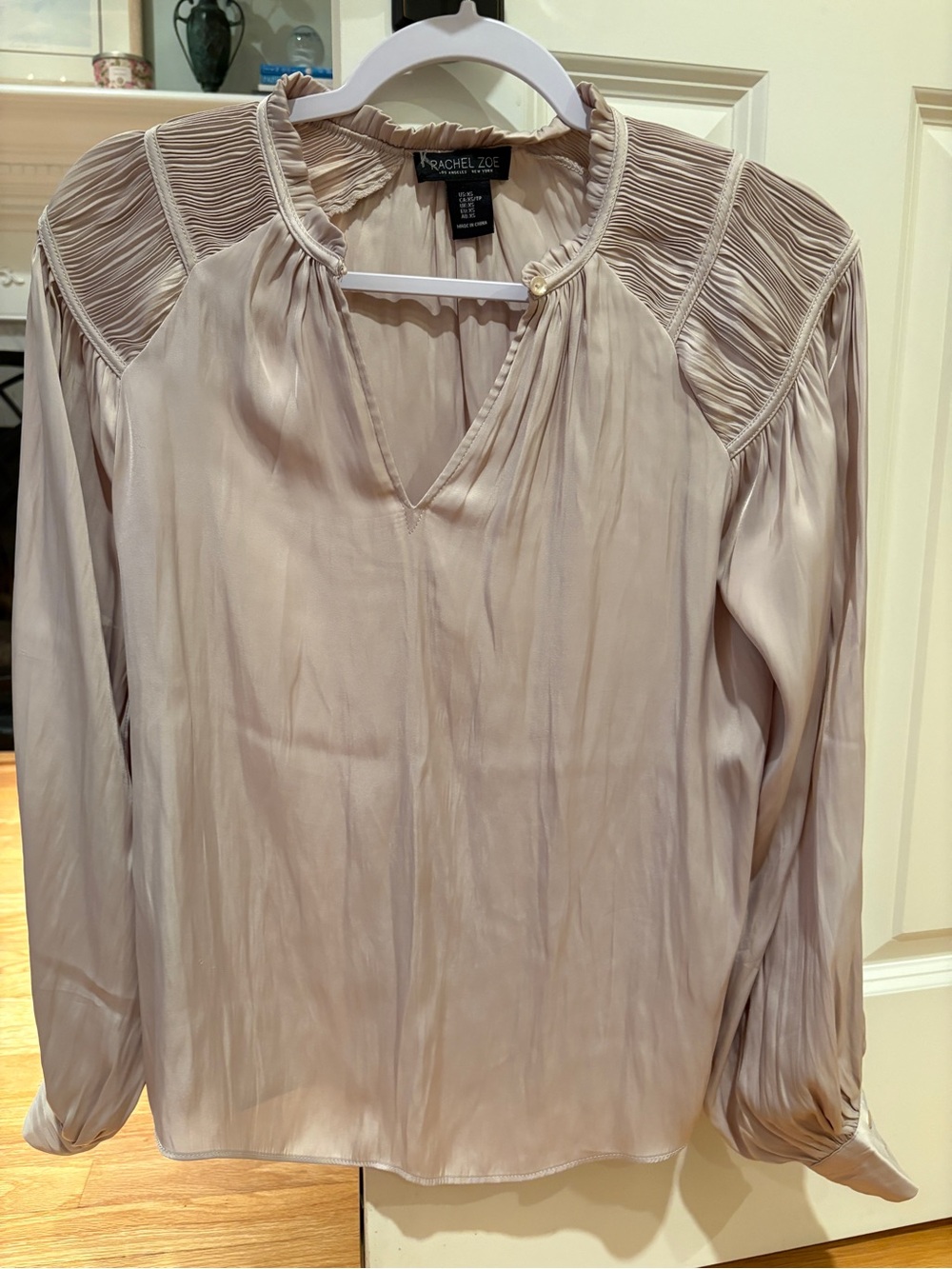Rachel Zoe Pale Blush Long-Sleeve Pleated Shoulder Blouse